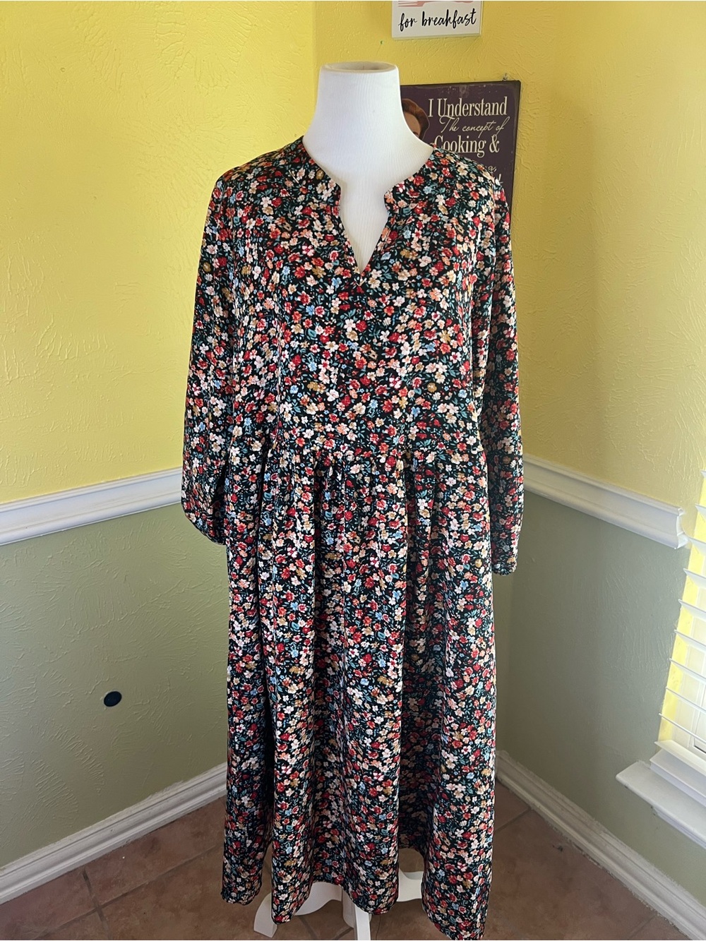 BloomChic- Floral Midi Dress in Black with Pink & Cream Blooms